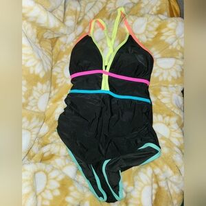 One Piece Swimsuit - Black with Neon Accents